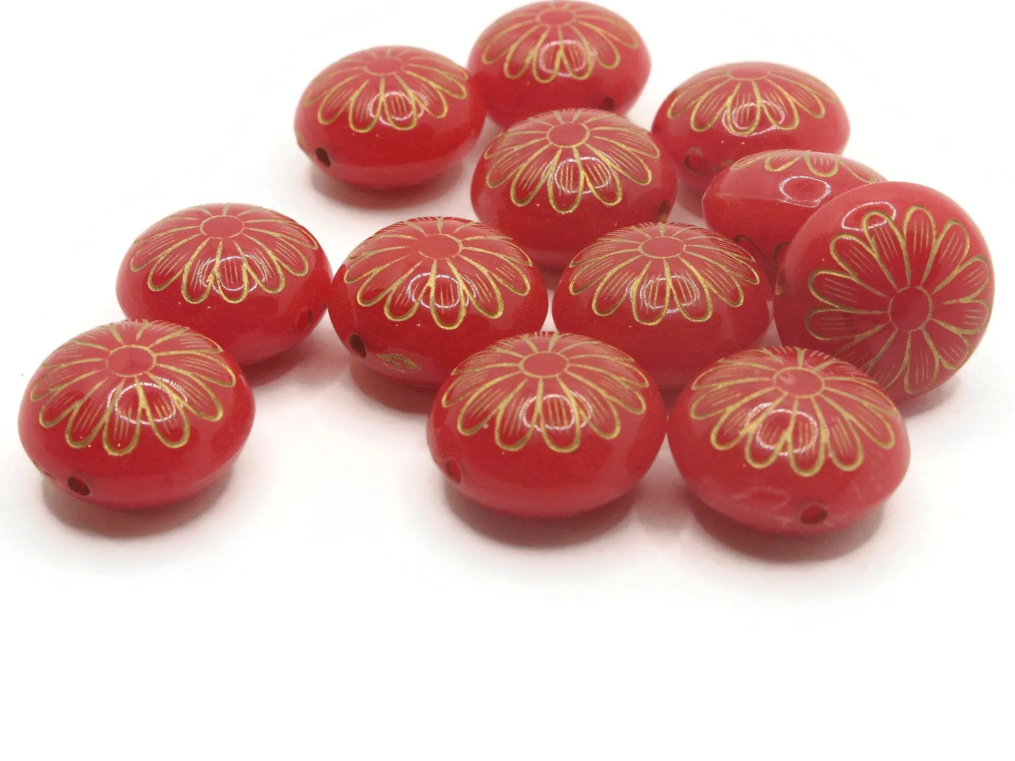 12 15mm Red with Gold Flower Puffed Coin Acrylic Beads