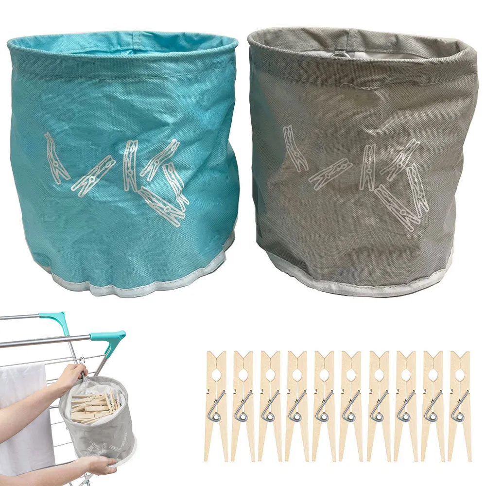 2 Heavy Duty Clothespins Peg Basket Laundry Clip Bags Holder Storage 20 Pins