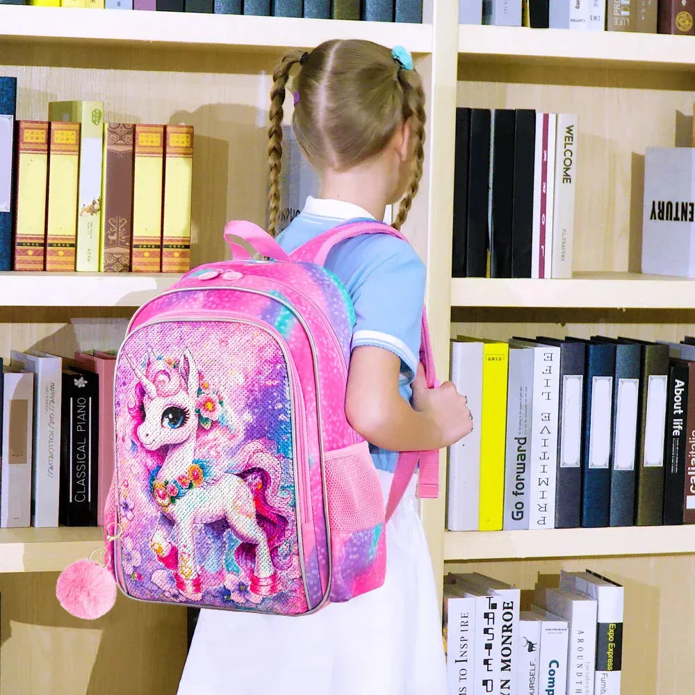 3 Piece Unicorn Backpack Set For Girls 16 Inch Sequin Bookbag Lunch Box Preschool To Elementary