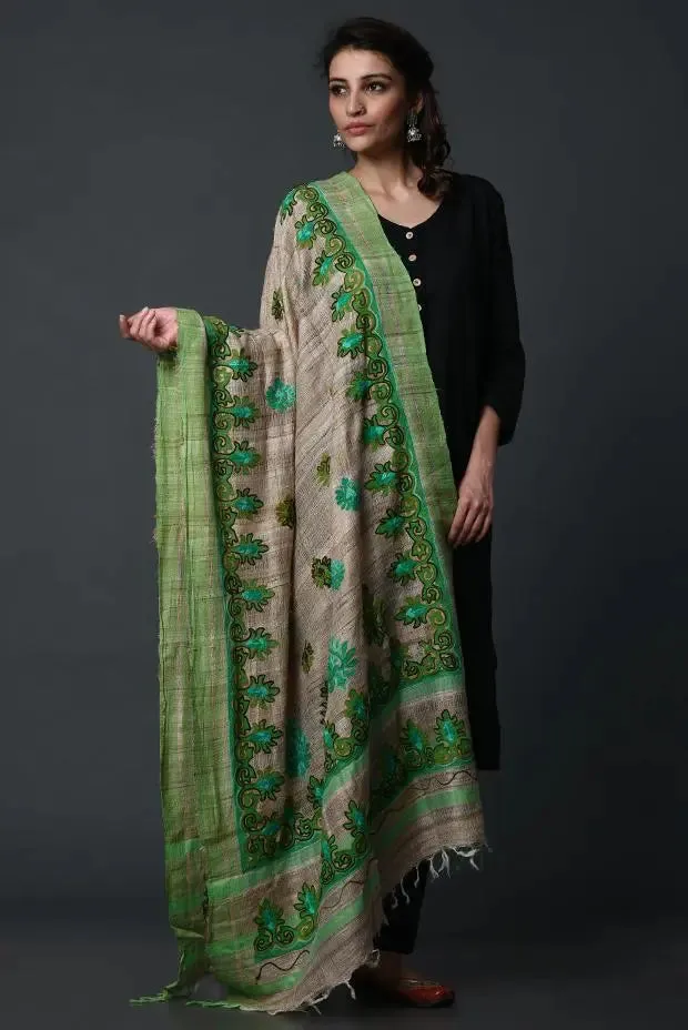 Beige-green handembroidered khadi silk dupatta