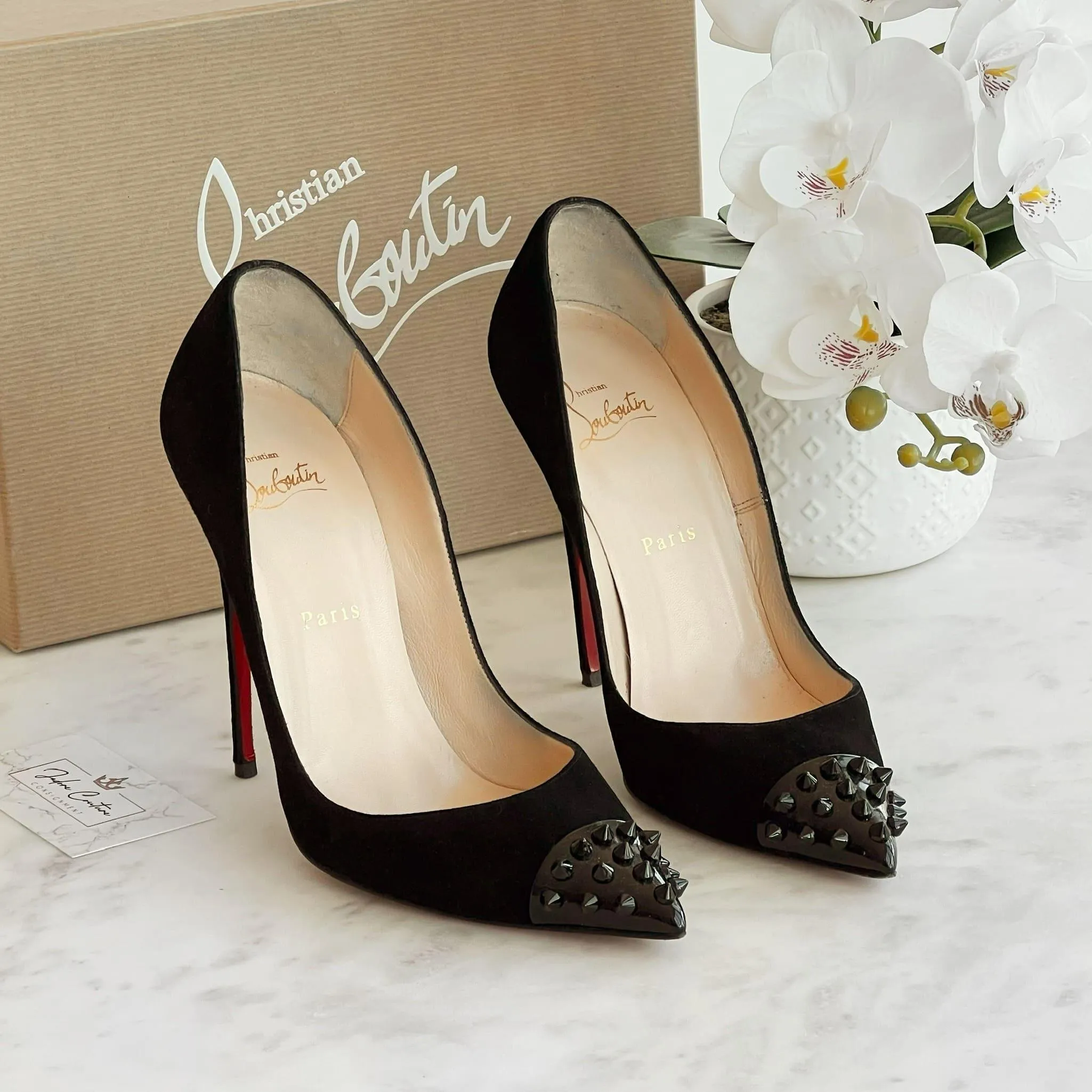 Christian Louboutin Black Suede GEO Spike Pumps 38
