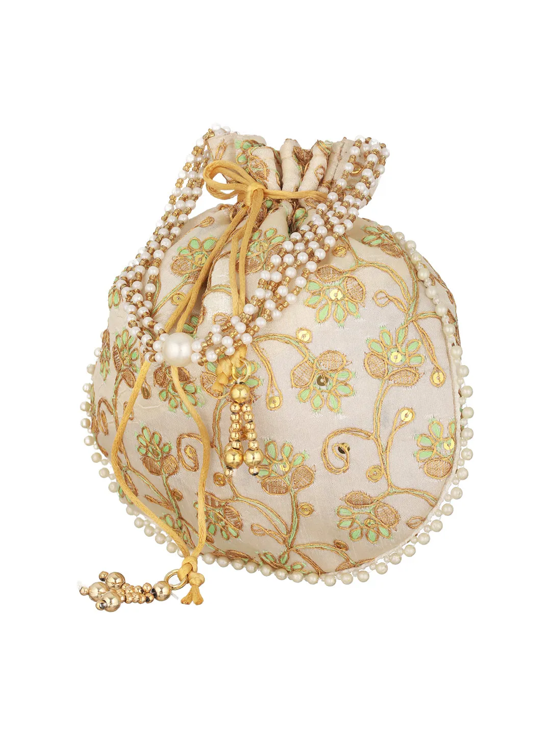 Green & Gold-Toned With Rich Embroidered Potli Clutch