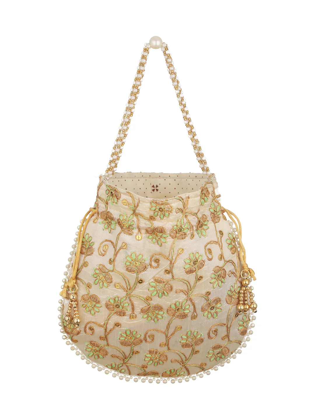 Green & Gold-Toned With Rich Embroidered Potli Clutch
