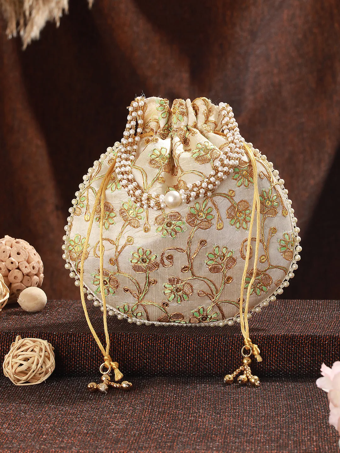 Green & Gold-Toned With Rich Embroidered Potli Clutch