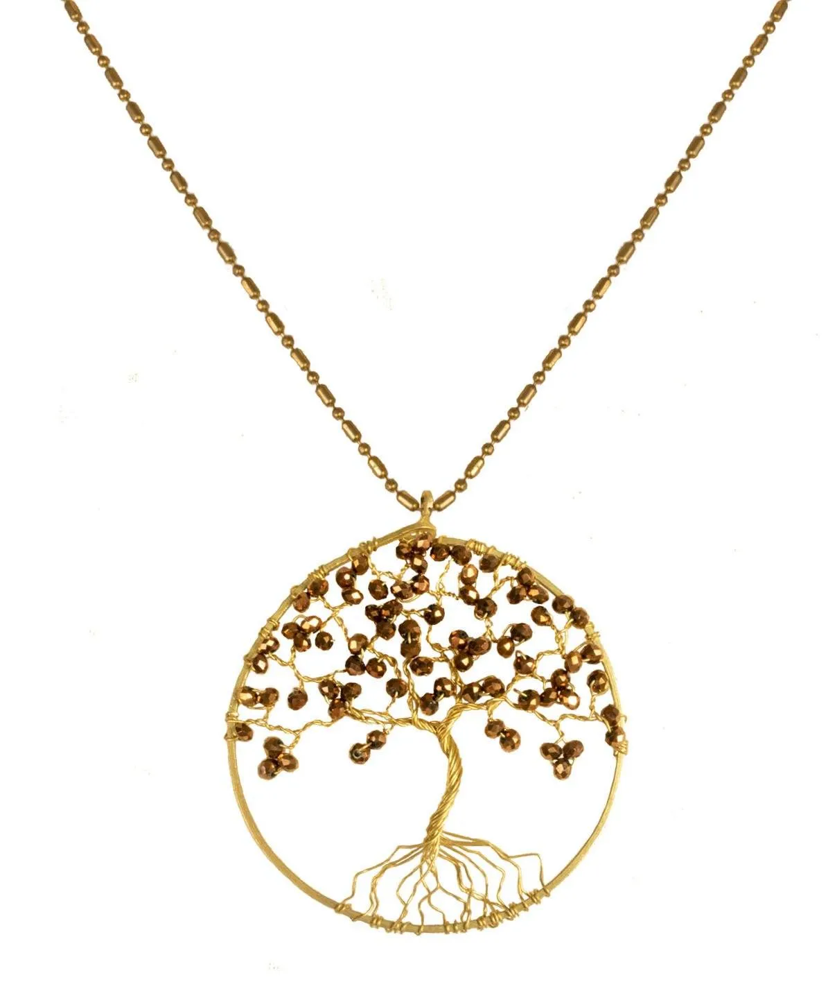 Handmade Necklace Tree of Life Brass with Bead, Crystal and Stone