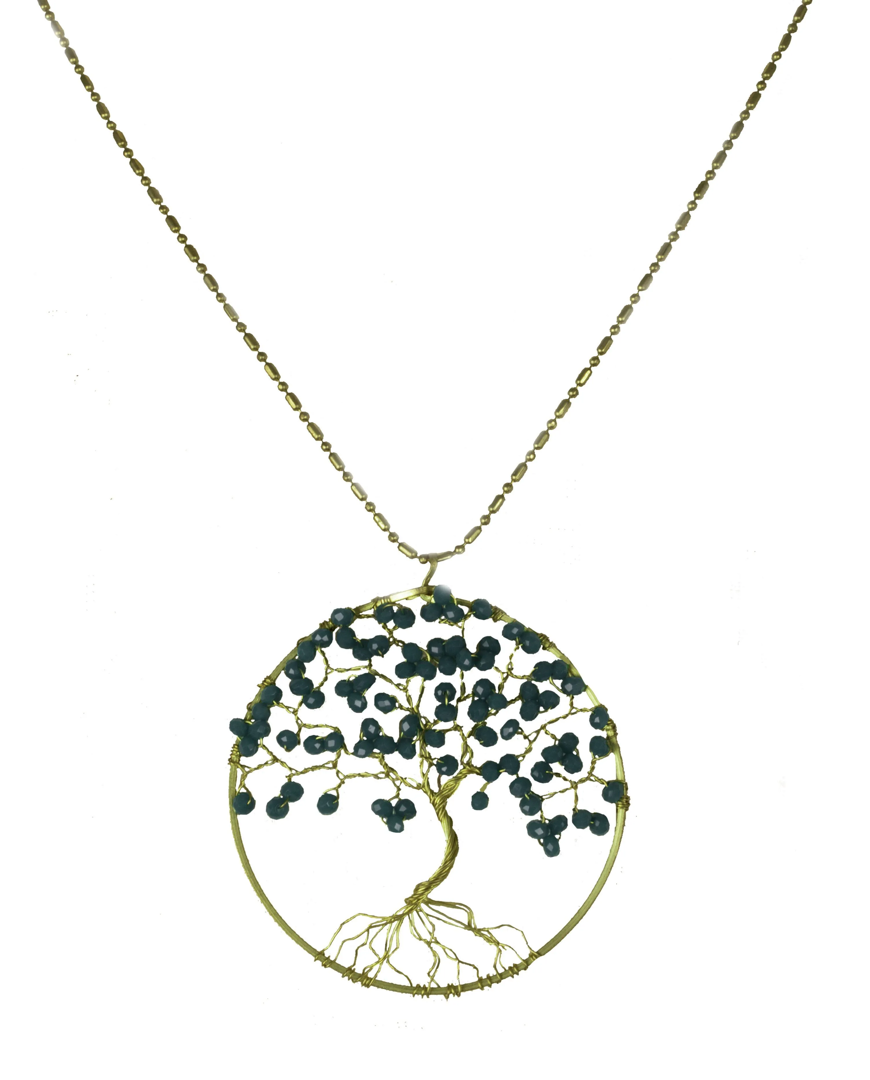 Handmade Necklace Tree of Life Brass with Bead, Crystal and Stone