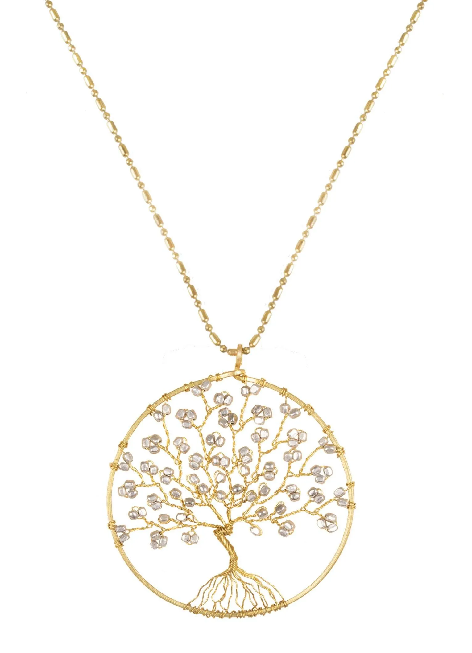 Handmade Necklace Tree of Life Brass with Bead, Crystal and Stone