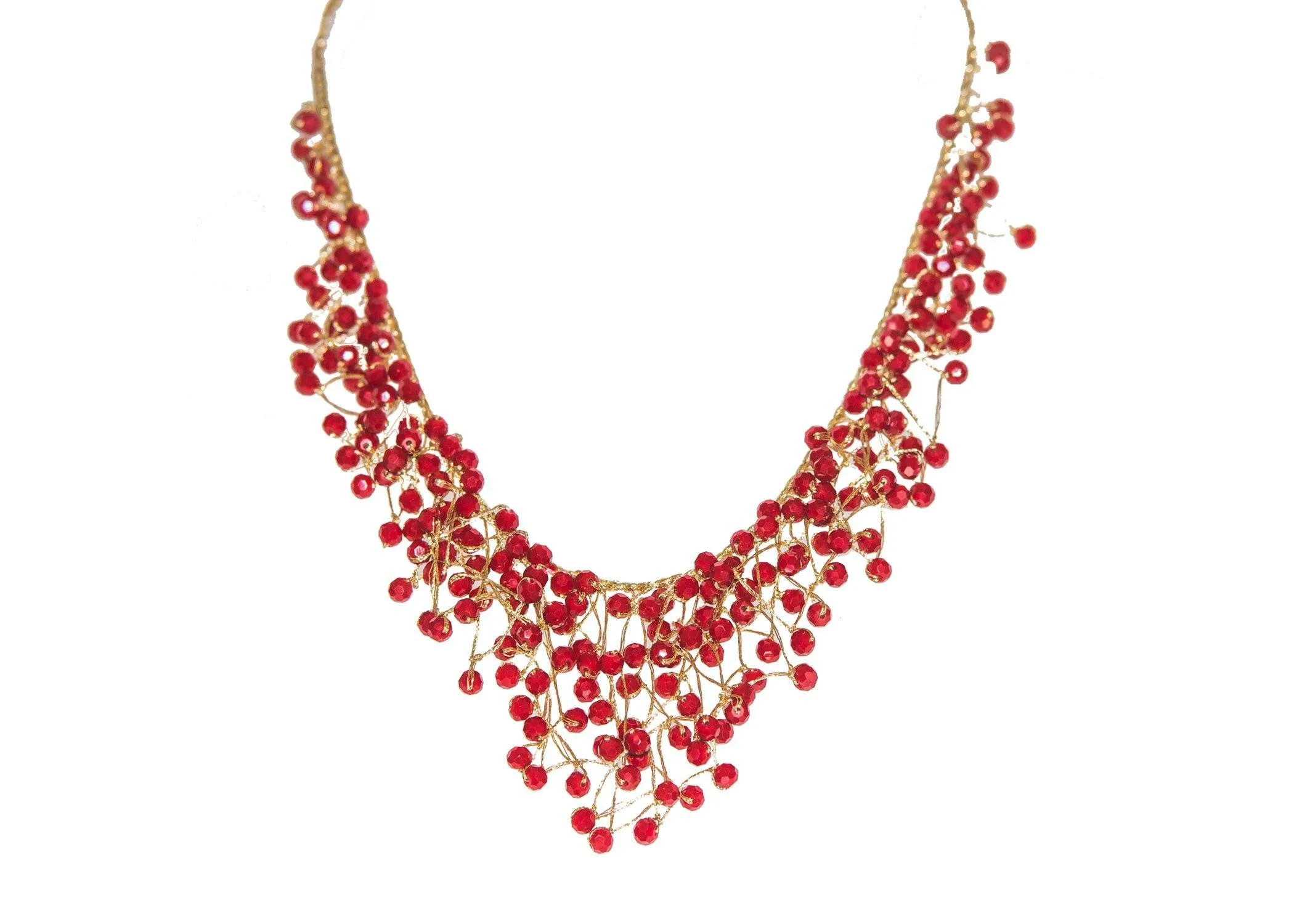 Necklace Metalic Yarn with Stone Crystal and Stone Bead