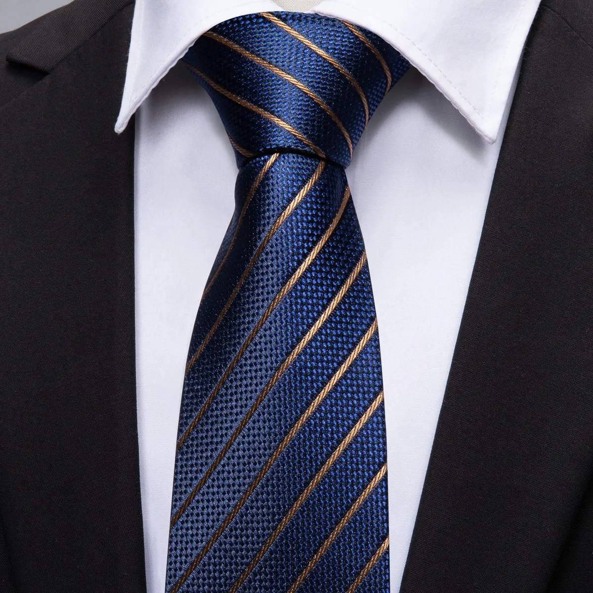 Regal Deep Blue & Gold Striped Silk Tie Set with Pocket Square and Cufflinks