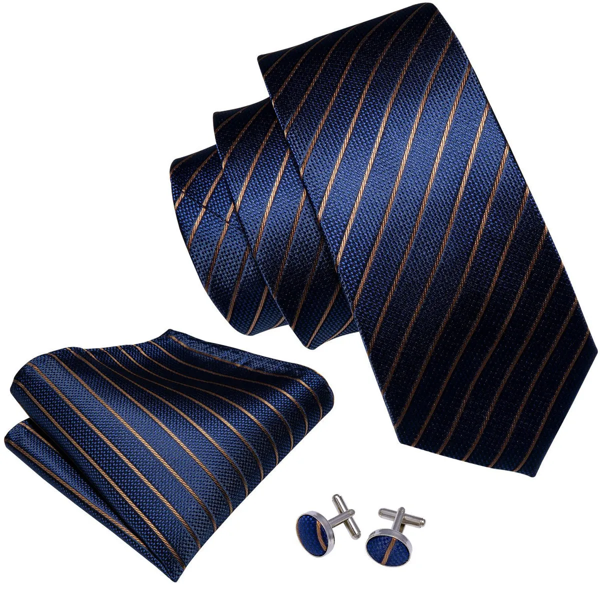 Regal Deep Blue & Gold Striped Silk Tie Set with Pocket Square and Cufflinks