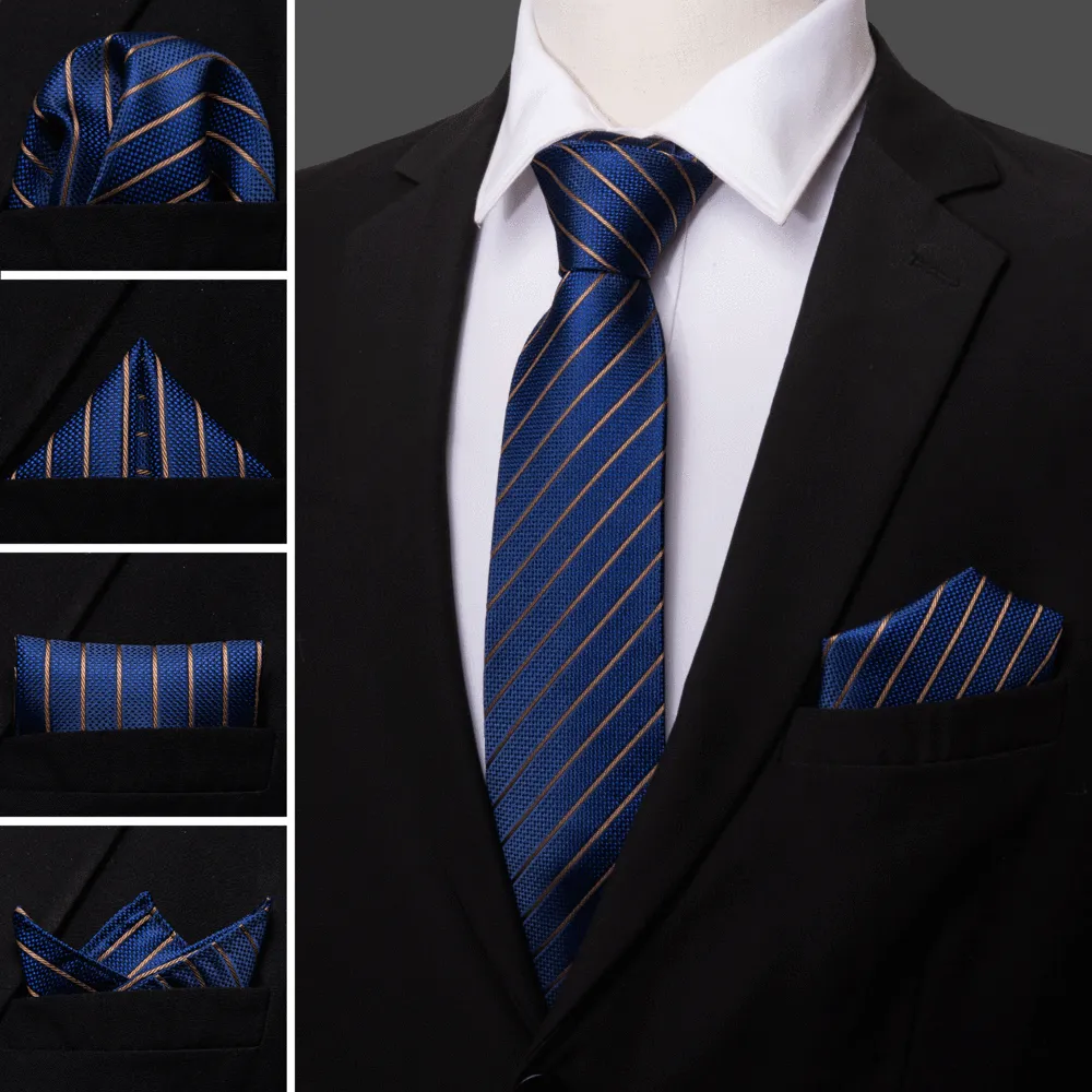 Regal Deep Blue & Gold Striped Silk Tie Set with Pocket Square and Cufflinks