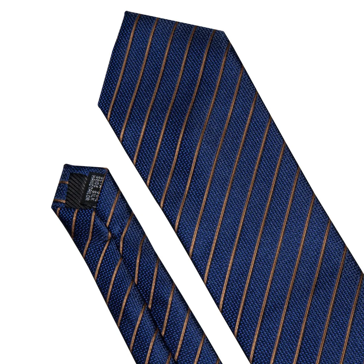 Regal Deep Blue & Gold Striped Silk Tie Set with Pocket Square and Cufflinks