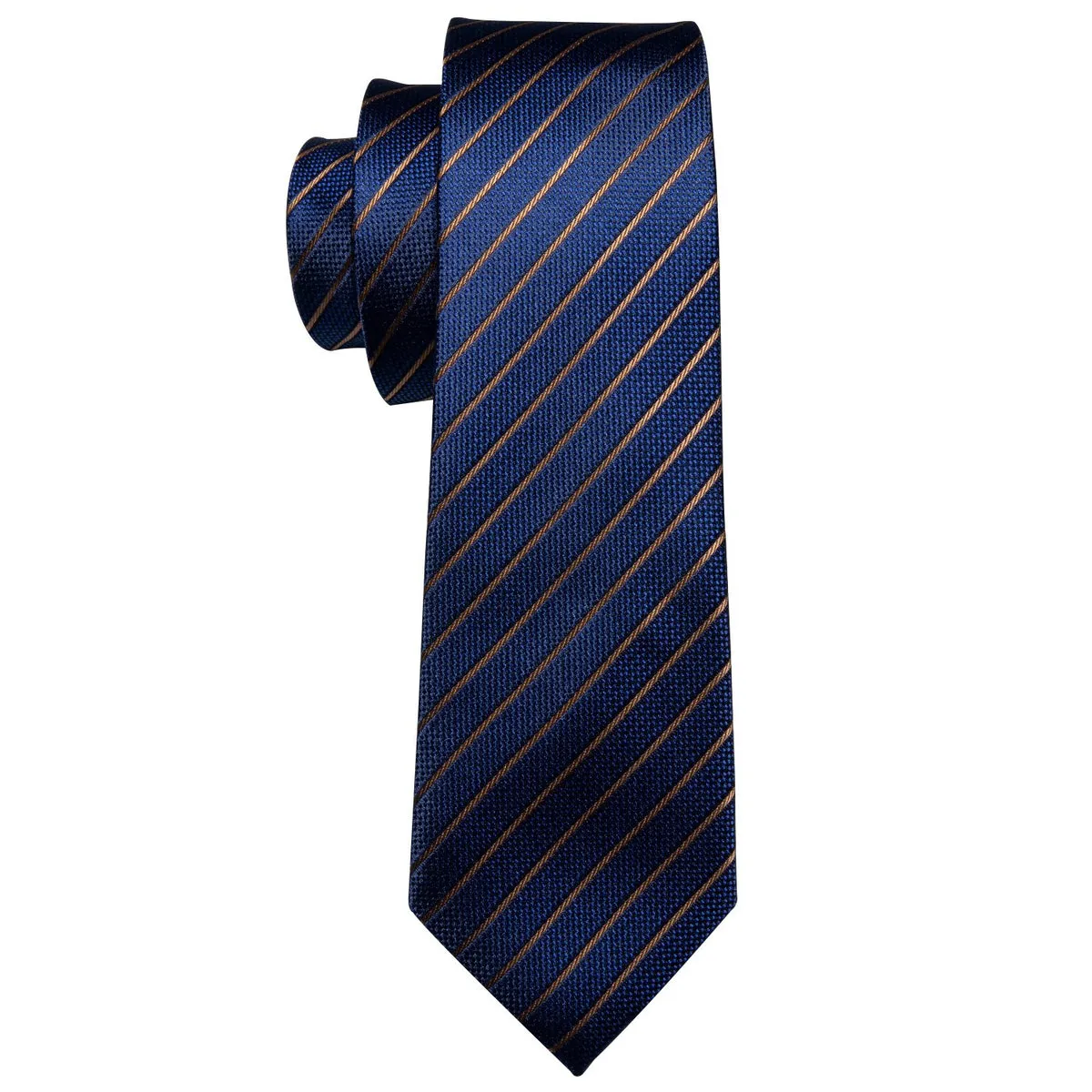 Regal Deep Blue & Gold Striped Silk Tie Set with Pocket Square and Cufflinks