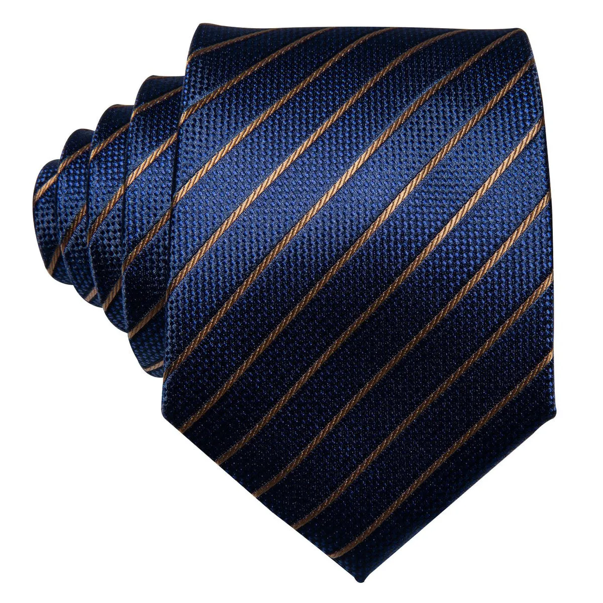 Regal Deep Blue & Gold Striped Silk Tie Set with Pocket Square and Cufflinks