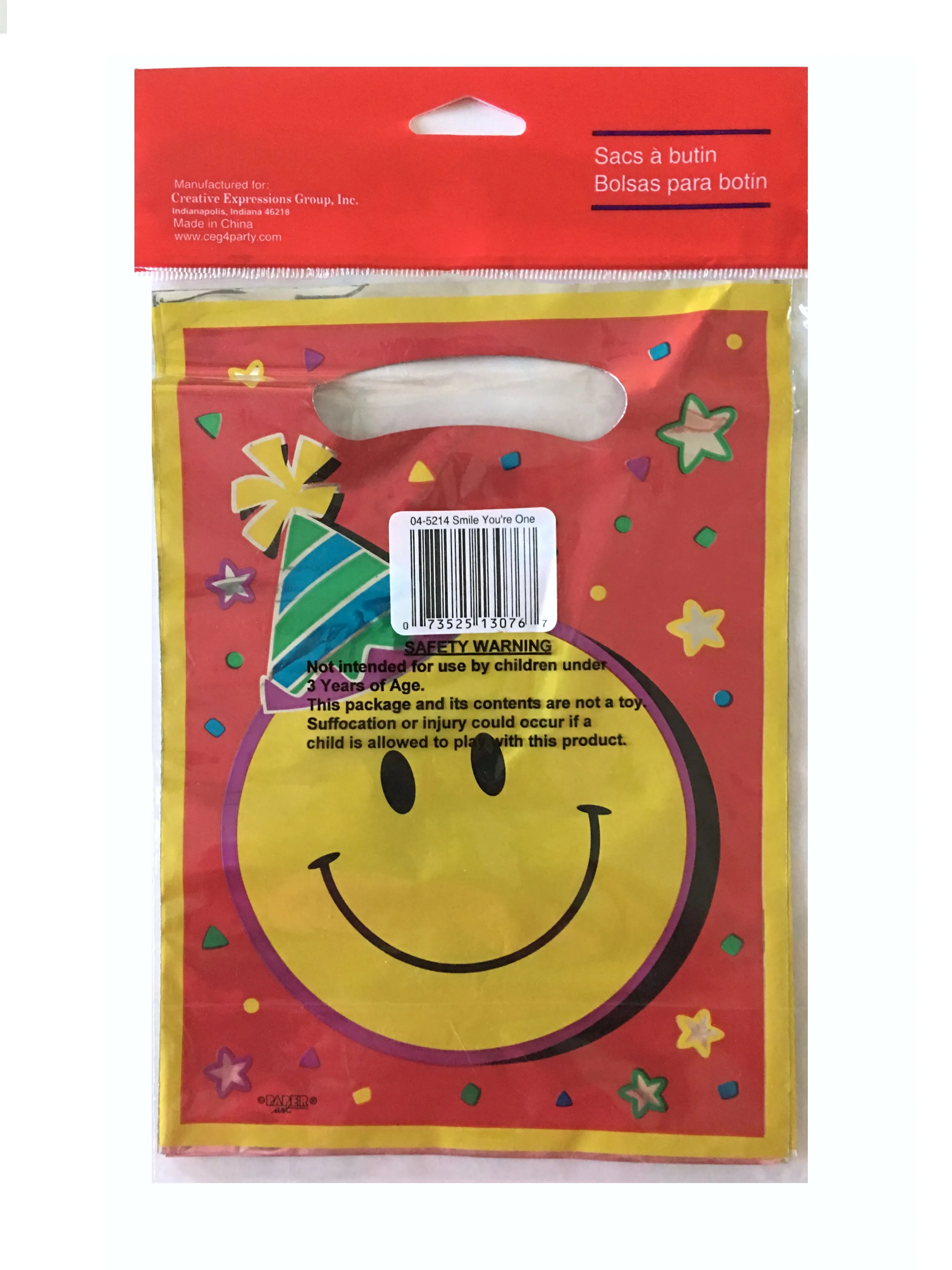Vintage New Smiley Face Birthday Party Treat Loot Bags 8 CT Red Yellow Metallic
